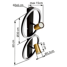 Nástěnné svítidlo kov černý matný, kov mosaz matná, plast bílý, DxŠxV:600x300x155mm, včetně LED 24W 230V, 2850lm zdroj, 1400lm výstup, 3000K, bez žárovek 2xGU10 LED 5W