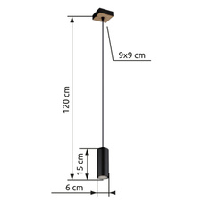 Závěsné svítidlo kov černý matný, MDF, imitace tmavého dřeva, kabel PVC černý, DxŠxV:90x90x1200mm, bez 1x GU10 35W 230V
