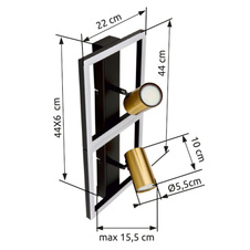 Nástěnné svítidlo kov černý matný, kov mosaz matná, plast bílý, DxŠxV:440x220x155mm, včetně LED 22W 230V, 2600lm zdroj, 1250lm výstup, 3000K, bez žárovek 2xGU10 LED 5W 230V