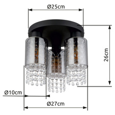 Stropní svítidlo kov černý matný, sklo kouřové, skleněné krystaly čiré, Ø:280mm, V:260mm, bez žárovek 3xE27 40W 230V