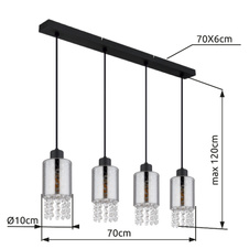 Závěsné svítidlo kov černý matný, sklo kouřové, sklo krystaly čiré, kabel PVC černý, DxŠxV:730x100x1200mm, bez žárovek 4xE27 40W 230V