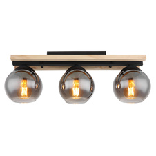 Stropní svítidlo kov černý matný, přírodní dřevo, kouřové sklo, DxŠxV:600x150x205mm, bez žárovek 3xE27 25W 230V