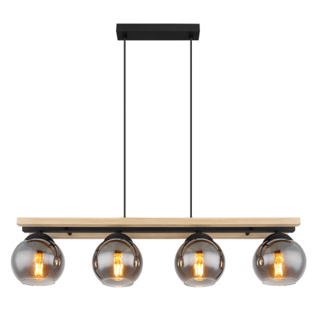 Závěsné svítidlo kov černý matný, přírodní dřevo, kouřové sklo, kabel PVC černý, možnost nastavení výšky, DxŠxV:850x150x1200mm, bez žárovek 4xE27 25W 230V