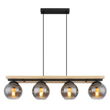 Závěsné svítidlo kov černý matný, přírodní dřevo, kouřové sklo, kabel PVC černý, možnost nastavení výšky, DxŠxV:850x150x1200mm, bez žárovek 4xE27 25W 230V