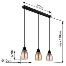 Závěsné svítidlo kov černý matný, sklo jantarové, kabel PVC černý, možnost nastavení výšky, DxŠxV:550x100x1200mm, bez žárovek 3x E27 15W 230V