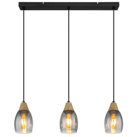 Závěsné svítidlo kov černý matný, kouřové sklo, imitace tmavého dřeva, kabel PVC černý, možnost nastavení výšky, DxŠxV:550x100x1200mm, bez žárovek 3xE27 15W 230V