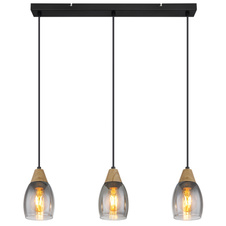 Závěsné svítidlo kov černý matný, kouřové sklo, imitace tmavého dřeva, kabel PVC černý, možnost nastavení výšky, DxŠxV:550x100x1200mm, bez žárovek 3xE27 15W 230V