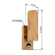 Venkovní svítidlo z nerezavějící oceli, imitace dřeva, čiré sklo, včetně senzoru, IP44, ŠxVxH:70x215x110mm, bez žárovek 2xGU10 35W 230V