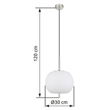 Závěsné svítidlo kov nikl matný, sklo bílé, kabel PVC černý, možnost nastavení výšky, Ø:300mm, V:1200mm, bez žárovky 1x E27 60W 230V