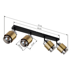 Stropní bodové svítidlo kov černý matný, sklo kouřové, mosazný kroužek, DxŠxV:650x100x125mm, bez žárovek 4x E27 40W 230V