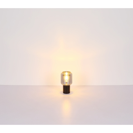 Stolní svítidlo kov mosazná barva, kouřové sklo, textilní kabel černý, kolébkový vypínač na kabelu, Ø:130mm, V:240mm, délka kabelu 1500mm, bez žárovky 1xE27 40W 230V