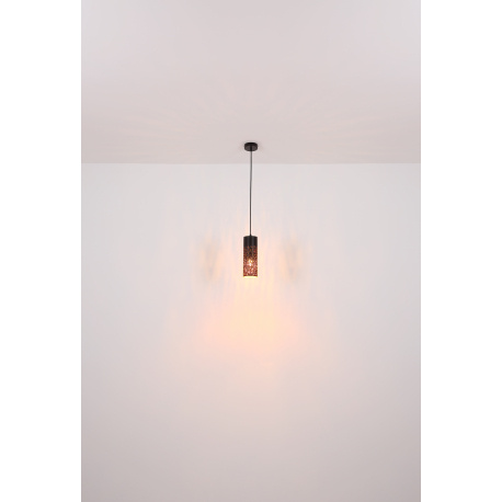 Závěsné svítidlo kov černý matný, kov černý matný, ozdobné děrování zlaté barvy, textilní kabel černý, DxŠxV:800x100x1500mm, bez žárovek 4xE27 40W 230V