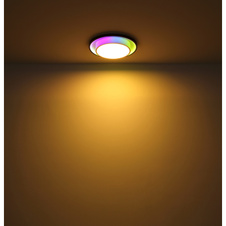 Stropní svítidlo kov černý, akryl opál, stmívatelné, přepínání funkcí nástěnným vypínačem, RGB měnič a fixace barev, duhový efekt, paměť, dálkové ovládání, Ø:395mm, V:50mm, LED 21W+3W RGB 230V, 210-2120lm zdroj, 90-900lm výstup, CCT 2700-6500K