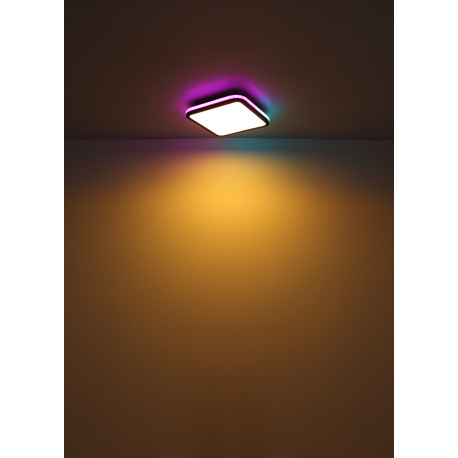 Stropní svítidlo kov černý matný, akryl bílý, stmívatelné, několik úrovní pomocí nástěnného spínače, RGB duhový efekt, paměťová funkce, dálkové ovládání, DxŠxV:355x355x70mm, LED 40W+5W RGB 230V, 425-4250lm zdroj, 200-2000lm výstup, CCT2700- 6500K