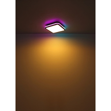 Stropní svítidlo kov černý matný, akryl bílý, stmívatelné, několik úrovní pomocí nástěnného spínače, RGB duhový efekt, paměťová funkce, dálkové ovládání, DxŠxV:355x355x70mm, LED 40W+5W RGB 230V, 425-4250lm zdroj, 200-2000lm výstup, CCT2700- 6500K