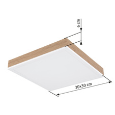 Stropní svítidlo hliník bílý matný, MDF imitace dřeva, plast bílý, DxŠxV:300x300x60mm, LED 12W 230V, 1200lm zdroj, 800lm výstup, 3000K