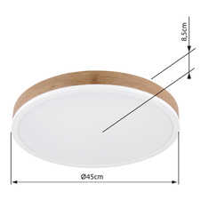 Stropní svítidlo kov bílé matné, MDF imitace dřeva, plast bílý, Ø:450mm, V:85mm, LED 24W 230V, 3200lm zdroj, 1800lm výstup, 3000K
