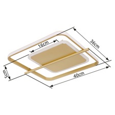 Stropní svítidlo kov zlaté barvy, hliník zlaté barvy, plast bílý, DxŠxV:400x360x50mm, LED 36W 230V, 3520lm zdroj, 2650lm výstup, 3000K