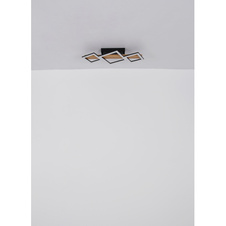 Stropní svítidlo kov černý mat, MDF imitace dřeva, ABS černý mat, plast bílý, DxŠxV:920x300x130mm, malé čtverce 16x16 cm, velké čtverce 22x22 cm, LED 35W 230V, 3700lm zdroj, 1880lm výstup, 3000K