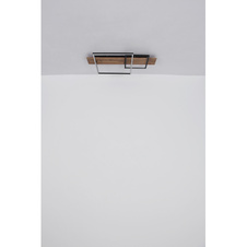 Stropní svítidlo kov černý mat, MDF imitace dřeva, hliník černý mat, plast opál, několik úrovní pomocí nástěnného spínače, paměťová funkce, 3 úrovně jasu: 100% - 40% - 10%, DxŠxV:750x400x100mm, LED 24W 230V, 2800lm zdroj, 1100lm výstup, 3000K