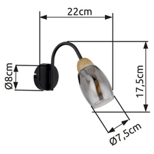 Nástěnné svítidlo kov černý matný, sklo kouřové, kov imitace dřeva, směr světla: dolů, ŠxV:80x175mm, H:220mm, bez žárovky 1xE14 25W 230V