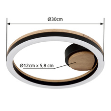 Stropní svítidlo, kov černý matný, MDF se vzhledem dřeva, plast černý matný, plast bílý, Ø:300mm, V:58mm, včetně LED 12W 230V, 1350lm zdroj, 600lm výstup, 3000K