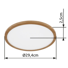 Stropní svítidlo, plast se vzhledem dřeva, satinovaný, bílý, několik úrovní přes nástěnný spínač, pam. funkce, IP44, 3 úrovně přes nástěnný spínač (100-50-10%), Ø:294mm, V:25mm, včetně LED 18W 230V, 1600lm výstup, 3000K