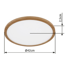 Stropní svítidlo, plast se vzhledem dřeva, satinovaný, bílý, několik úrovní přes nástěnný spínač, pam. funkce, IP44, 3 úrovně přes nástěnný spínač (100-50-10%), Ø:420mm, V:25mm, včetně LED 24W 230V, 2300lm výstup, 3000K