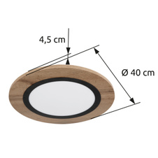 Stropní svítidlo kov černá matná, MDF imitace dřeva, plast bílý, Ø:400mm, V:45mm, LED 15W 230V, 1700lm zdroj, 800lm výstup, 3000K