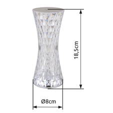 Nabíjecí stolní lampa, čirý plast s křišťálovým efektem, kov stříbrný, dotykové zapínání/vypínání, RGB měnič a fixace barev, bez adaptéru, včetně aku. 800mAh 3,7V, Ø:80mm, V:185mm, délka kabelu 800mm, včetně RGBW LED 1,5W 5V