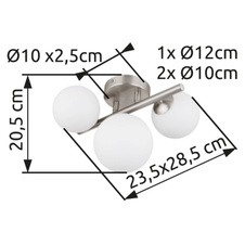 Stropní svítidlo, nikl, sklo bílé, DxŠxV:280x210x190mm, sklo Ø:2x10cm, 1x12cm včetně žárovek 3xG9 LED 3,5W 230V, 350lm zdroj, 80lm výstup, 3000K