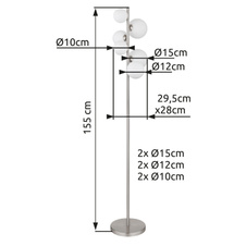 Stojací svítidlo, nikl, sklo bílé, kabel PVC černý, nožní spínač na kabelu, DxŠxV:295x280x1550mm, délka kabelu 1800mm, sklo Ø:2x10cm, 2x12cm, 2x15cm, včetně žárovek 6xG9 LED. 3,5W 230V, 350lm zdroj, 310lm výstup, 3000K