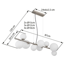 Závěsné svítidlo, nikl, sklo bílé, kabel PVC transparentní, DxŠxV:870x345x1200mm, sklo Ø:4x10cm, 3x12cm, 2x15cm, včetně žárovek 9xG9 LED, max. 3,5W 230V, 350lm zdroj, 310lm Výstup, 3000K