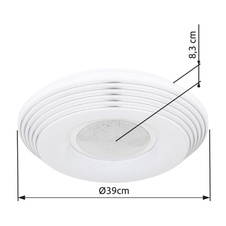 Stropní svítidlo, kov bílý, akryl bílý, třpytivý efekt, plastové křišťály, chrom, stmívatelné, několik úrovní pomocí nástěnného vypínače, pam.funkce, noční světlo, dál. ovládání, Ø:390mm V:83mm, LED 24W 230V, výstup 110-1400lm, 2700-6500K