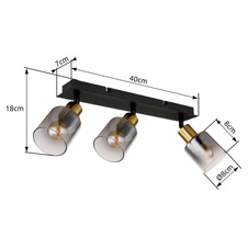 Stropní svítidlo, kov černý matný, kov zlatý matný, sklo kouřové, průhledné, DxŠxV:400x80x182mm, bez žárovek 3xE14,max. 40W 230V