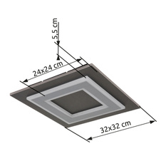 Stropní svítidlo, plast antracit, broušený šedý kov, akryl bílý, DxŠxV:320x320x55mm, včetně LED 24W 230V, zdroj 2200lm, výstup 680lm, 3000K.
