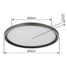Stropní svítidlo, broušený hliník šedý, akryl bílý, silikon bílý, stmívatelné, několik úrovní pomocí nástěnného vypínače, paměť, dál.ovládání, 2xAAA, ø:400mm, H:55mm, včetně LED 38W 230V, výstup 250-1955lm, změna barvy barvy světla 2700-6000K