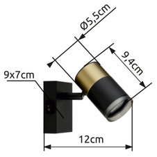 Nástěnné svítidlo, kov černý, hliník měděný a černý, plast kouřový, kolébkový vypínač, ŠxV:0x90mm, V:120mm, bez žárovky 1xGU10, max. 25W 230V