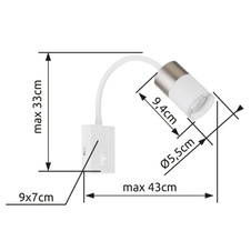 Nástěnné svítidlo, kov bílý, hliník nikl matný, hliník bílý, plast průhledný, kabel PVC bílý, kolébkový vypínač, flexo, ŠxV:70x430mm, H:330mm, délka kabelu 1500mm, bez žárovky 1xGU10, max. 25W 230V