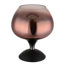 Stolní svítidlo, kov černý matný, kov černý chrom, sklo měděné barvy, čiré, kabel černý textil, kolébkový vypínač na kabelu, ø:150mm, V:205mm, délka kabelu 1500mm, bez žárovky 1xE27, max. 40W 230V