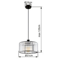 Závěsné svítidlo, kov černý, akrylové křišťály čiré, kabel PVC černý, ø:310mm, V:1200mm, bez žárovky 1xE27,max. 60W 230V