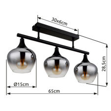 Stropní svítidlo, černý matný kov, sklo kouřové barvy, průhledné, DxŠxV:650x150x285mm, bez žárovek 3xE27,max. 40W 230V