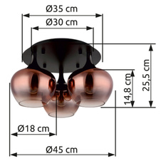 Stropní svítidlo, kov černý, kov černý chrom, sklo měděné barvy, průhledné, ø:450mm, V:255mm, bez žárovek 3xE27,max. 40W 230V