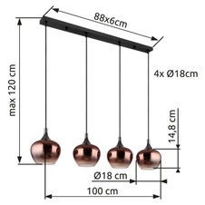 Závěsné svítidlo, černý matný kov, kov černý chrom, sklo měděné barvy, průhledné, černý textilní kabel, DxŠxV:1000x180x1200mm, bez žárovek 4xE27,max. 40W 230V