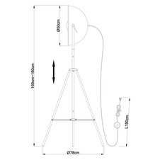 Stojanové svítidlo, kov, chrom, černá, zlatá, nastavitelné stínidlo, výškově nastavitelné, vypínač, Ø78cm, V:180cm, bez žárovky 1xE27, max. 60W 230V.