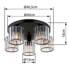 Stropní svítidlo, kov černý, akrylové křišťály čiré, ø:465mm, V:180mm, bez žárovek 5xE27,max. 60W 230V