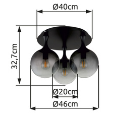 Stropní svítidlo, kov černý, skleněné koule kouřové barvy, ø:460mm, V:327mm, bez žárovek 3xE27, max. 10W 230V