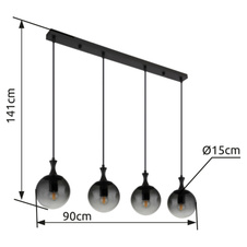 Závěsné svítidlo, kov černý, skleněné koule kouřové barvy, kabel PVC černý, výškově nastavitelné, DxŠxV:900x150x1300mm, bez žárovek 4xE27 LED ILLU, max. 10W 230V