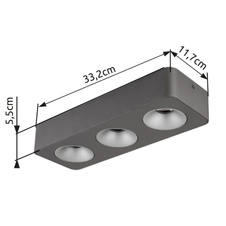 LED reflektor, hliník šedý tmavý, plast šedý, plast čirý, DxŠxV:332x117x55mm, včetně LED 14W 230V, zdroj 1600lm, výstup 780lm, 3000K.