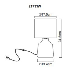 Stolní lampa, bílá keramika, bílý textil, bílý PVC kabel, kolébkový vypínač na kabelu, ø: 175mm, V: 315mm, délka kabelu 1300mm, bez žárovky 1xE14, max. 40W 230V